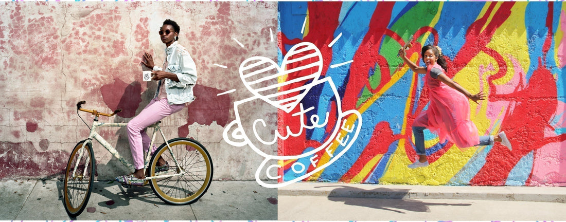 Photo of BiankA on a bike with a cup of coffee next to another photo of SabreeN jumping in front of a colorful wall, and their logo in between the photos