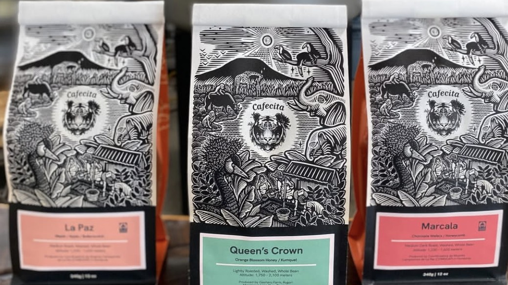 Three bags of Cafecita Coffee options: La Paz, Queen's Crown, and Marcala