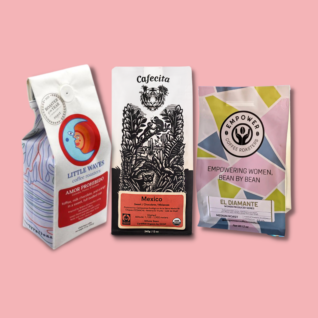 3 month coffee subscription from women-owned coffee brands. Pictured are three coffee bags from Little Waves Coffee Roasters, Cafecita Coffee, and Empower Coffee Roasters
